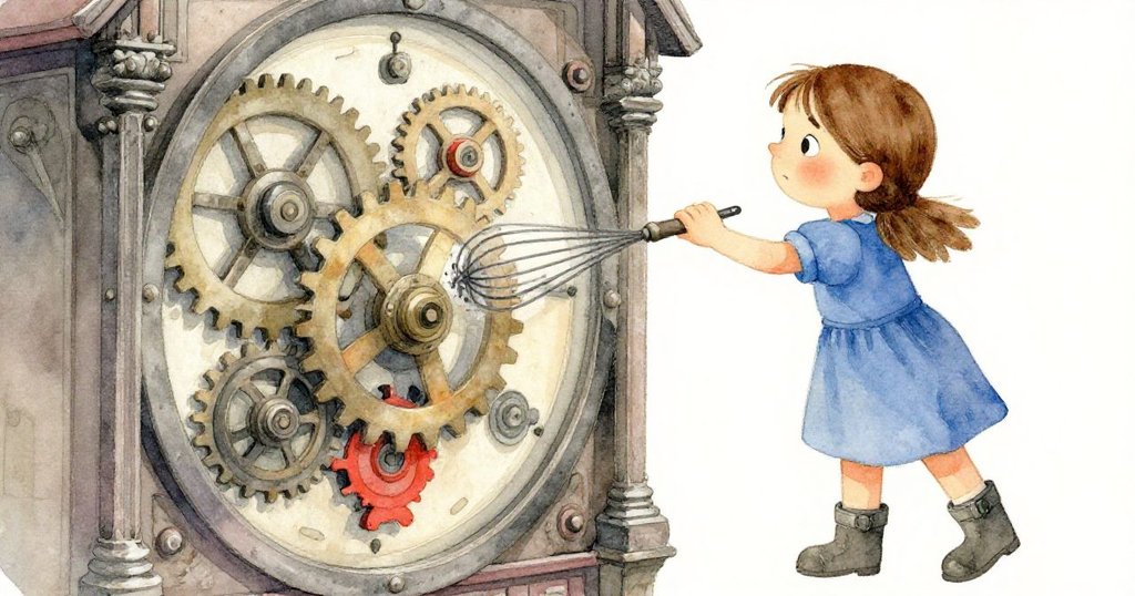 莉莉細心地使用彎曲的絲網刷清理陳舊的齒輪，特寫呈現金屬表面斑駁歲月與她專注的神情。