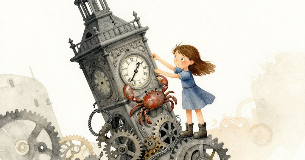 莉莉在鐘樓內用力調整沉重生鏽的螃蟹鐘擺，怪異角度中機械間線條交錯，神情專注且充滿挑戰。