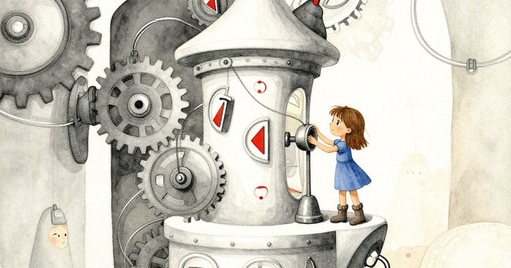 莉莉在充滿不可能幾何線條的鐘樓內，小心調整金屬砝碼，背景扭曲彷彿夢幻迷宮，充滿智慧與神秘感。