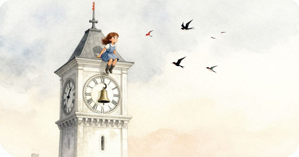 莉莉慢慢下樓，回眸凝望恢復節奏的鐘樓，暮光映襯下鴿群飛舞，象徵時間溫柔擁抱與最終和解。