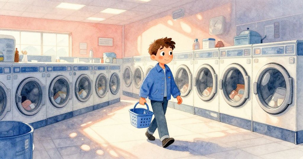 塞斯提著藍色籃子走進明亮洗衣店, 臉上展現專注, 洗衣店內瓷磚反射溫暖光線, 氣氛充滿期待