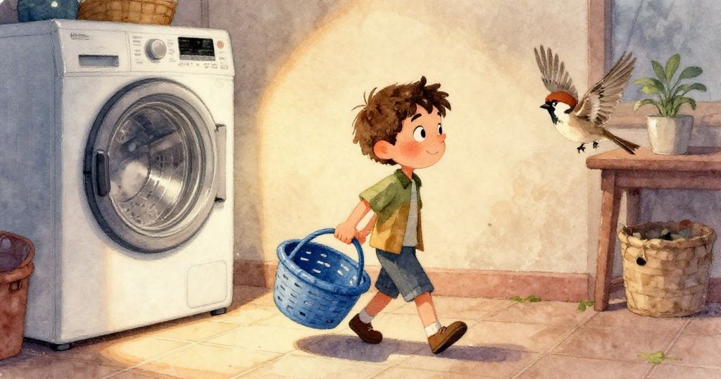 小麻雀從洗衣機後衝出, 燈光明亮映出復古感, 浴室般的洗衣店環境中動感十足