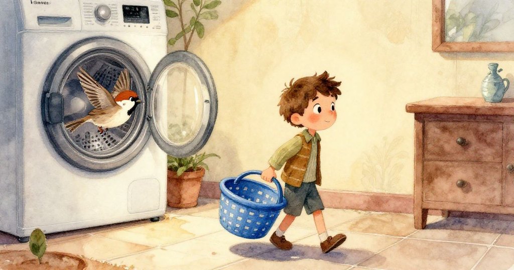 麻雀進入開啟洗衣機內拔弄著柔軟棉絮, 場面充滿緊張情緒, 洗衣房內部濕潤細節鮮明