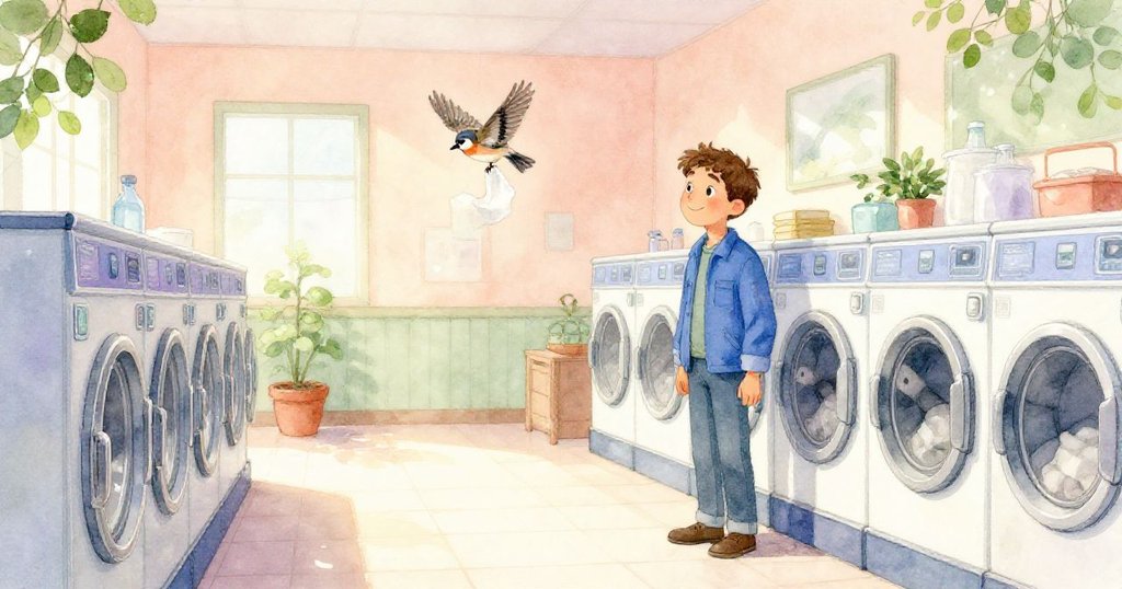 麻雀叼著棉絮飛出, 塞斯面帶微笑望著洗衣機平靜啟動, 場景充滿溫馨與詩意結局