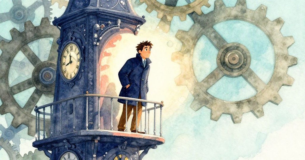 鐘樓狹窄陽台上,Glen凝視捲起的暖蒸汽與巨大齒輪,透過光亮欄杆映出驚奇神情,背景呈現深藍與水藍色調。