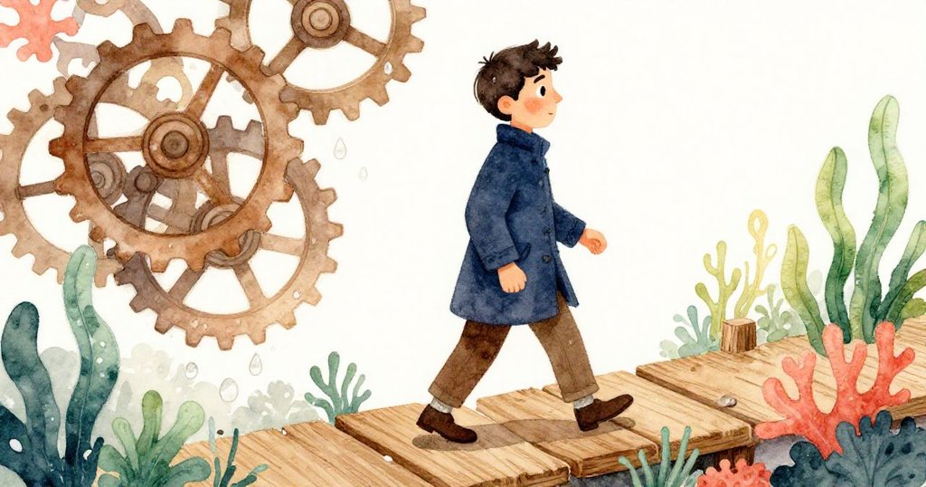 Glen踏步於吱吱作響的木板上,留意到齒輪上閃爍著點點水珠,神情專注且謹慎。