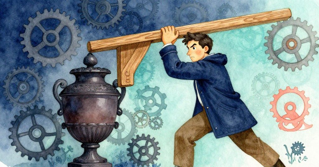 Glen側身以肩頂住木托,調整旁邊暗油罐,齒輪在傾斜視角中顯得動感十足,神情堅定。