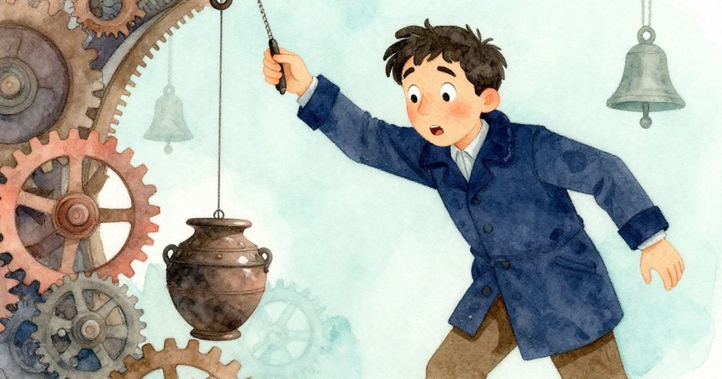 油罐向涼爽石牆滑動時,鐘擺劇烈搖擺,早鐘響起,Glen面露驚訝與放心之情,情緒瞬變。