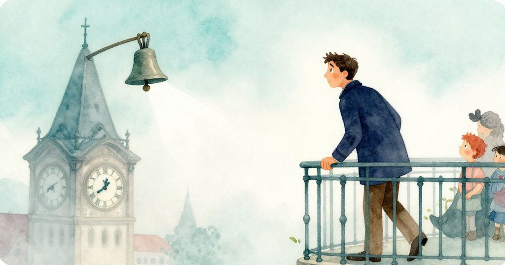 鐘聲回蕩漸弱,Glen退後於涼爽欄杆旁,霧氣漸散,面露沉思與平和,準備迎接新時刻。