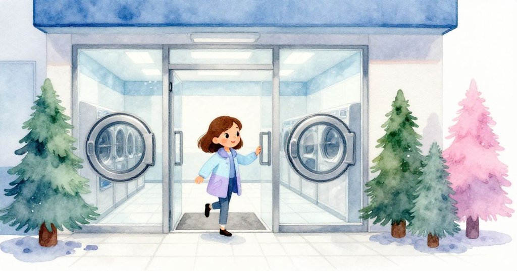 納迪婭推開透明玻璃門走進充滿機器嗡嗡聲及懷舊香氣的洗衣店，表情中流露出好奇與溫柔懷念。