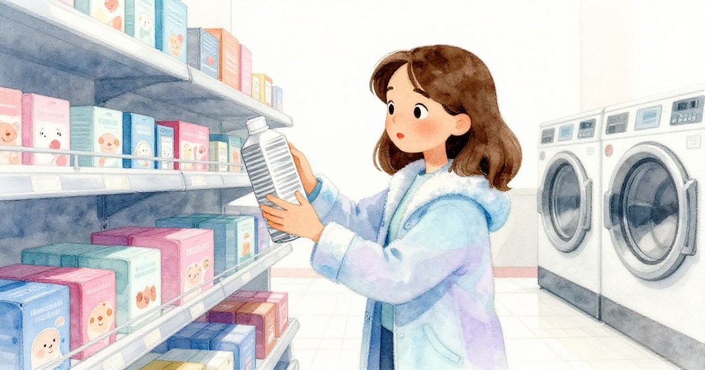 納迪婭伸手檢查帶銀色條紋的洗滌劑盒，細致觀察排列整齊的彩色容器，室內氛圍溫柔充滿回憶。
