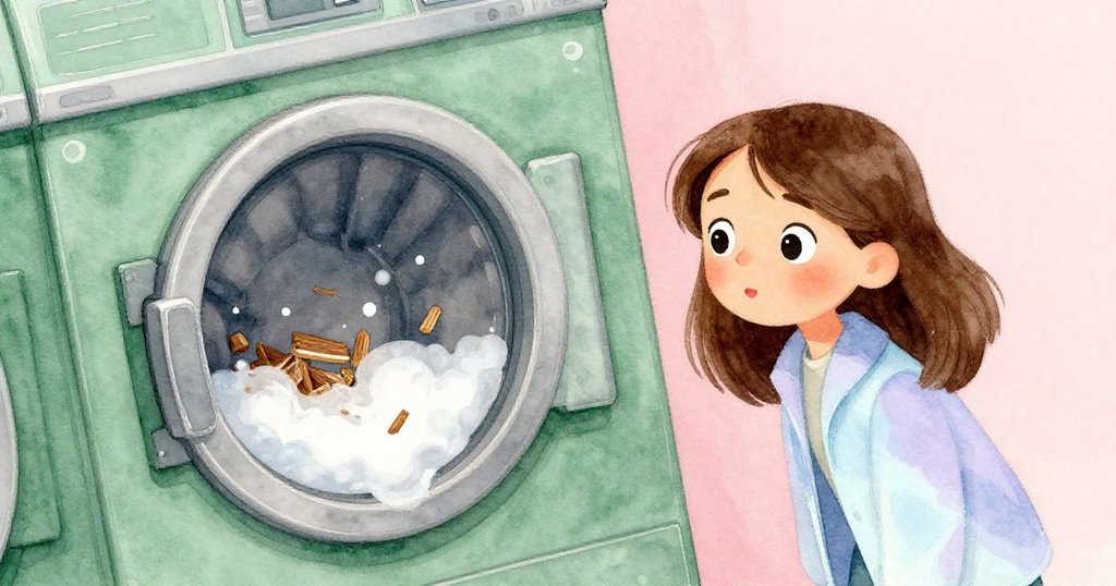 洗衣店內以傾斜視角呈現乾衣機通風口中嵌入的雪松木片與滾動的泡沫，納迪婭眼神充滿驚奇。