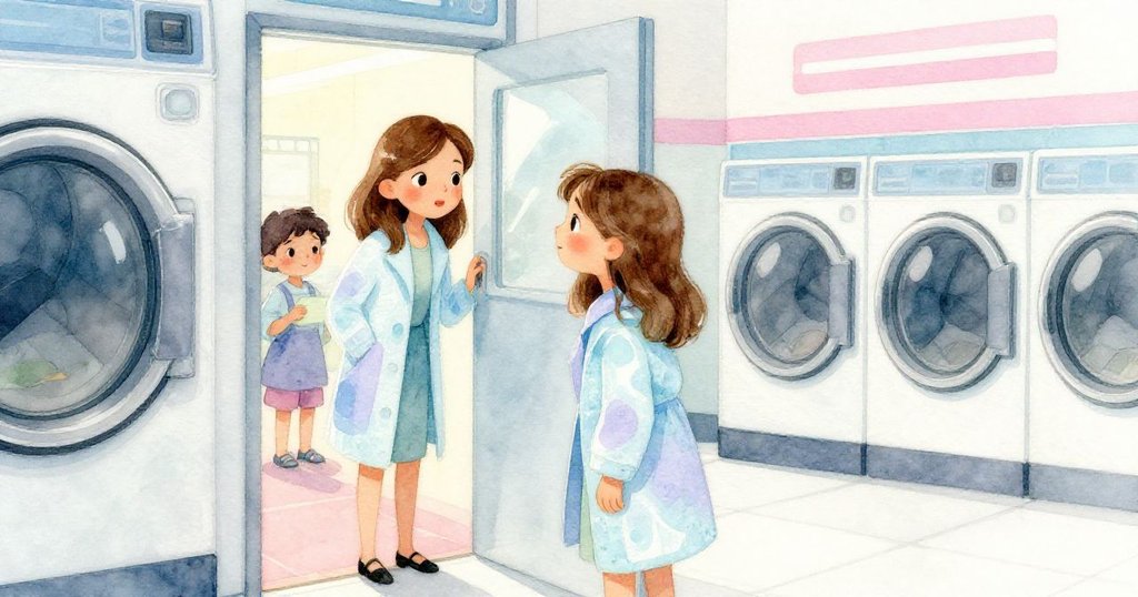 納迪婭站在開放的門口凝視外面，背景呈現浴室機器與室內外溫柔光線交織的過渡空間。