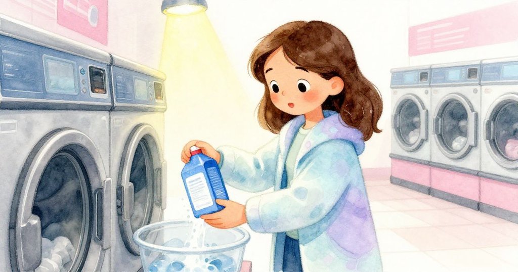 納迪婭面帶猶豫微笑，小心倒出藍色洗滌劑，其手指輕觸金屬洗衣機，神情流露出懷舊與感動。