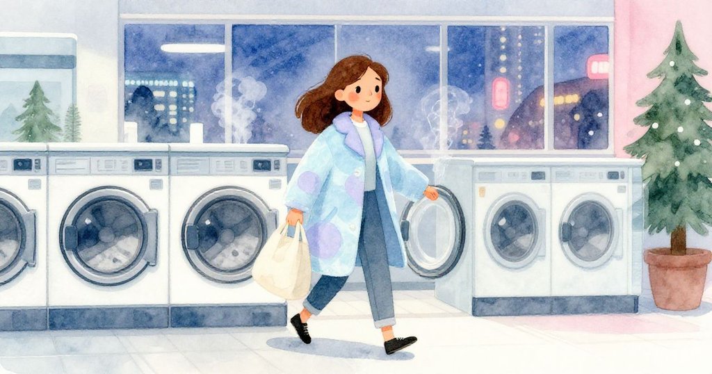 納迪婭挑著包從洗衣店走出，背後乾衣機旋轉吐出雪松香氣，街道燈光與霓虹映出黃昏都市氛圍。