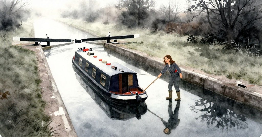 在清晨的高空俯瞰中，Clara正認真操控小船進入運河閘門，水面如鏡，倒影清晰，充滿決心與寧靜。