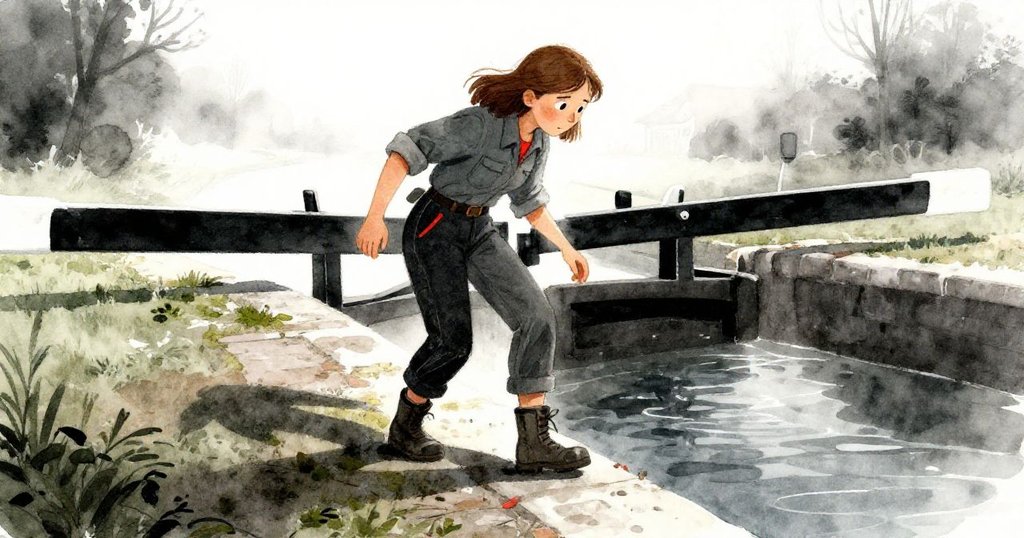 Clara在運河邊堅定踏步，她捲起的袖子和堅實靴子踏在濕潤的石板上，背景露出青苔和晨露，充滿專注與堅毅。