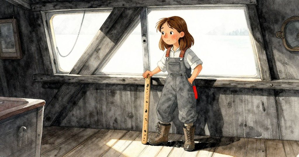 Clara走進小船艙內，在窗邊靜靜凝視著桌上刻痕斑駁的木尺，陽光灑落，塵埃飛舞，流露出懷舊與柔和情感。