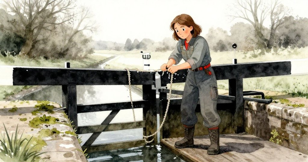 在晨露映襯下，Clara小心調整滑溜的粗麻繩，靠近苔蘚環繞的閘門和古老橡木板，環境顯出晨秋氣息與挑戰感。