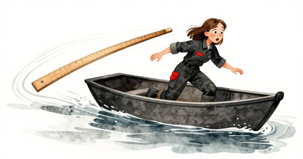 在小船行進中，Clara驚訝地注視著一支木尺在水面上翻轉，動感模糊的背景映出河水閃爍，充滿詩意與轉捩瞬間。