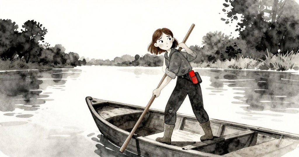 最終，Clara在陽光下穩穩握住水中漂流的木尺，站在小船甲板上，臉上流露出平靜與喜悅，完成了這段充滿挑戰的旅程。