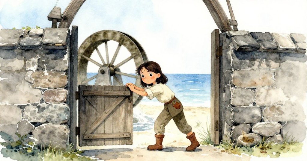 Wren站在老磨坊門前推開門，背景有流水與水車，充滿寧靜與決心，門旁石板和水流細節豐富。