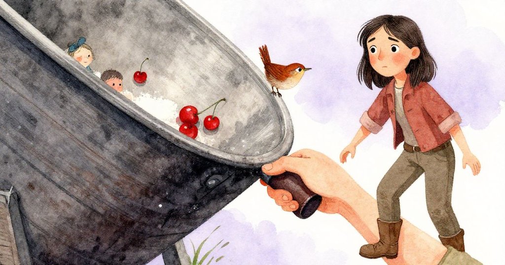 Wren的手接觸著舊磨坊穀槽的把手，觸感和刻痕清晰，手上沾有少許麵粉，表情專注且細膩。