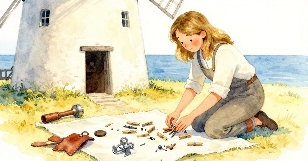 Tess跪在老磨坊中，專注整理散落的木釘、皮封與鐵釘，細緻畫布上部件在溫暖金光下呈現豐富質感。