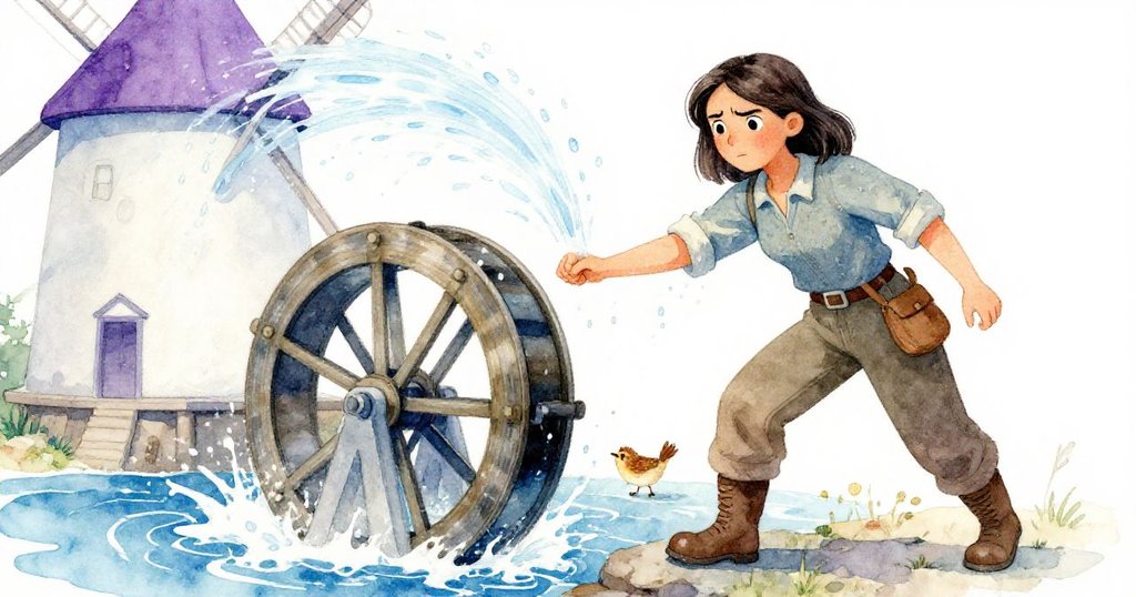 Wren在轉動的水車旁穩住身軀，水珠飛散打在衣袖上，畫面動感十足且水光閃爍，充滿活力。