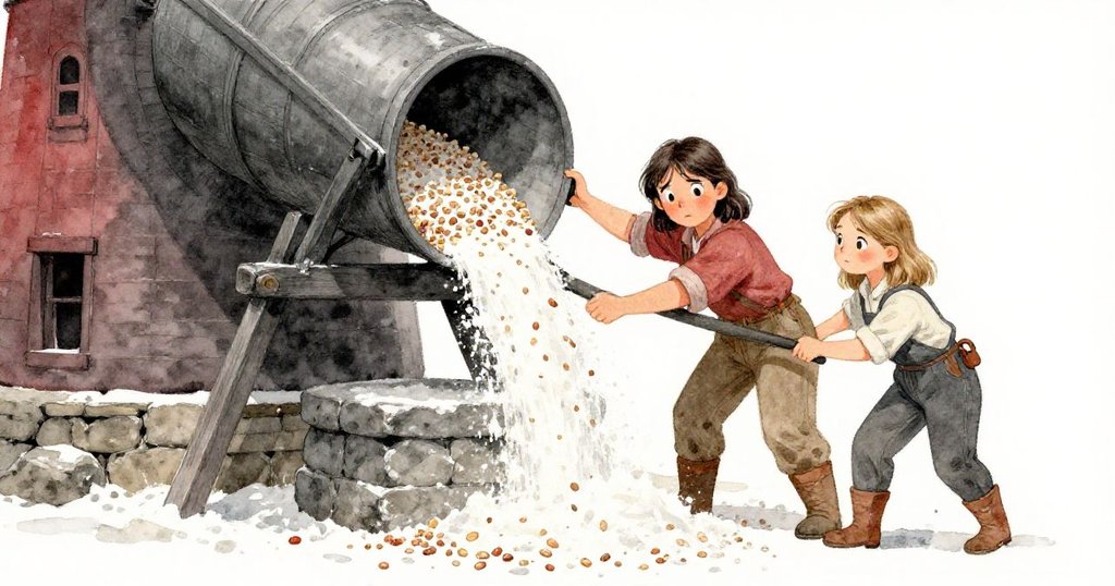 Wren與Tess協同傾倒料斗，麥粒及麵粉緩緩洩落到石地上，兩人表情專注，展現團隊合作與磨坊歷史感。