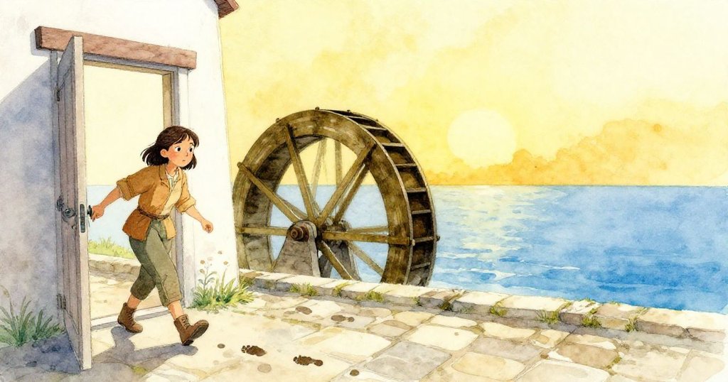 Wren走出老磨坊門外，腳印留在石板上，水車在金色夕陽下仍穩定轉動，營造出溫暖與寧靜的結局。