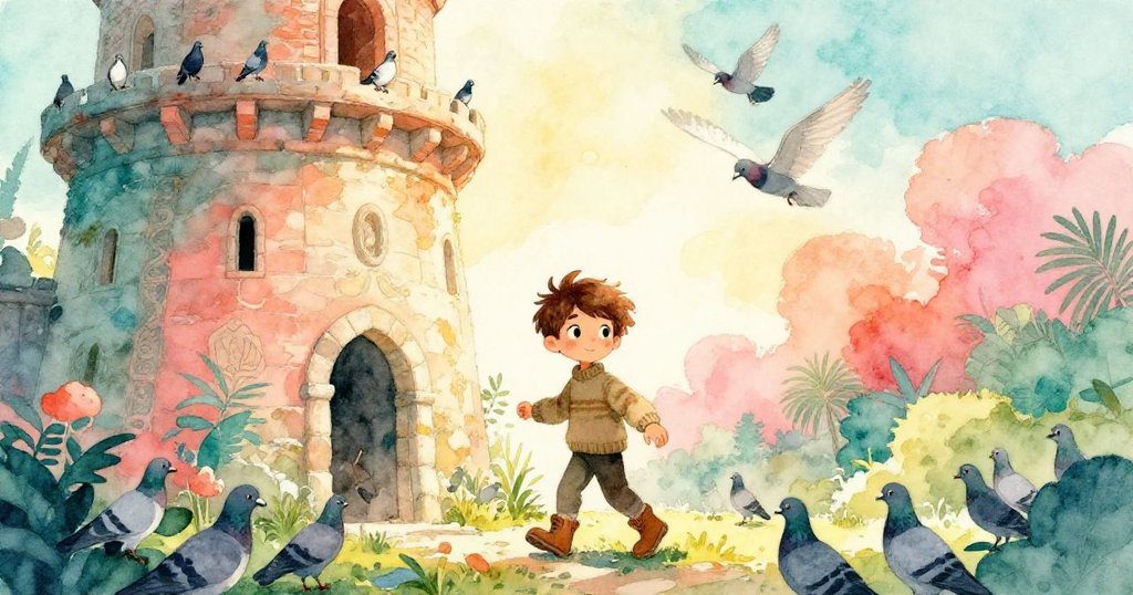 昆恩走進古老塔樓，與飛舞的鴿子互動，背景石牆透出暖光，充滿好奇與期待。