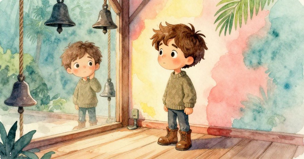 昆恩站在樓梯平台前，倒影映在拋光木面上，靜默鐘繩低垂，表情凝重流露回憶。