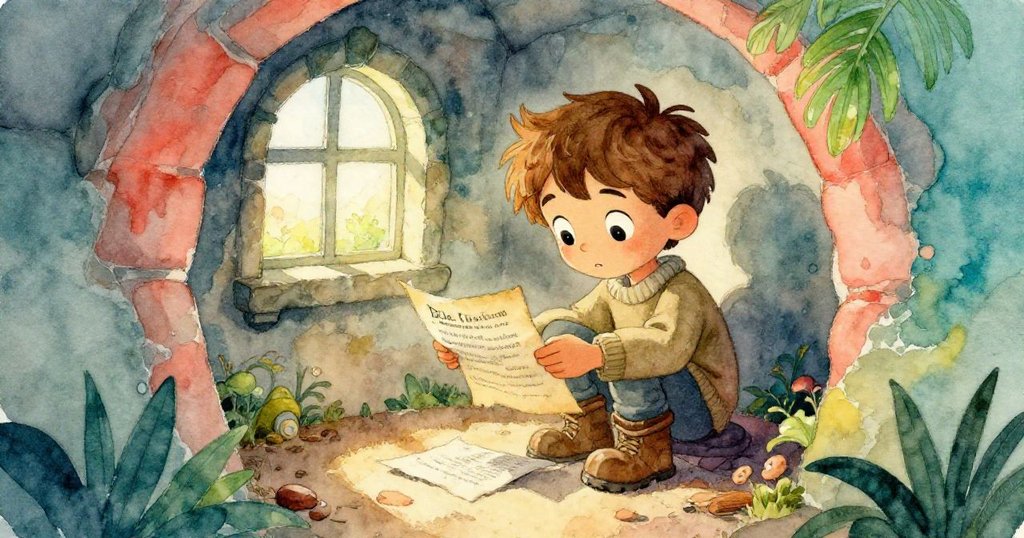 昆恩在塔樓隱密角落發現舊告示與粗糙布料，蹲下細看，神情流露好奇與憂愁，環境昏暗古舊。