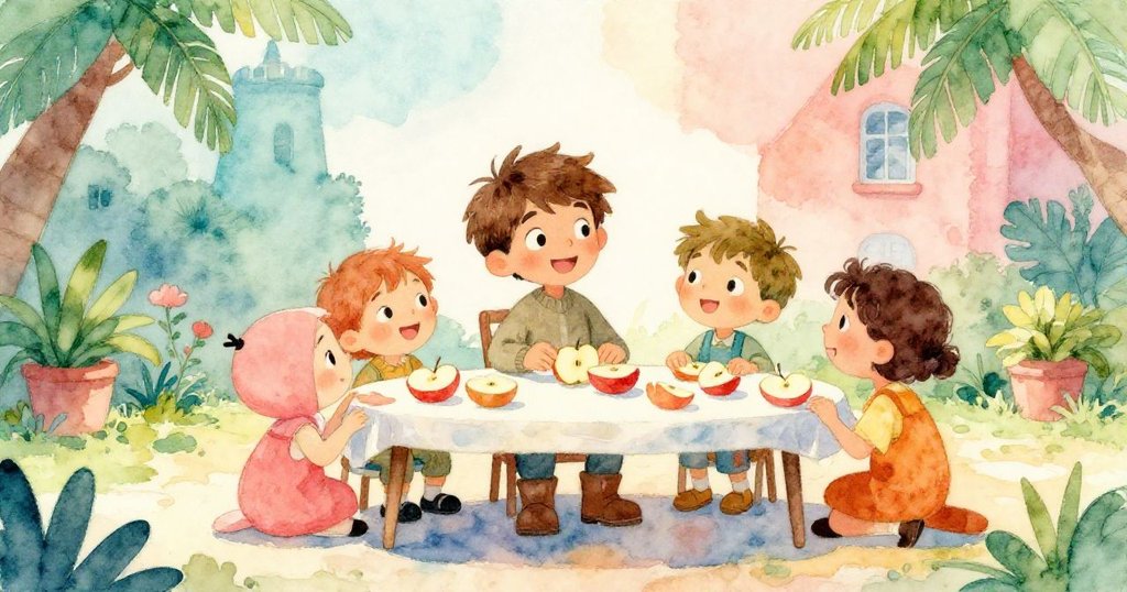 昆恩與鄰居在塔樓庭院共享蘋果與笑聲，回憶溫馨快樂，陽光明媚洋溢愉悅氣氛，眾人相互笑談。