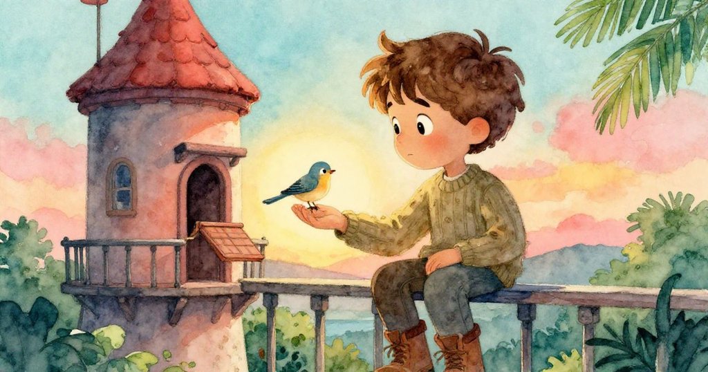 昆恩在塔樓露台上關閉艙口，一隻小鳥停在他手上，海風吹拂帶來熟悉氣息，臉上流露溫柔希望。