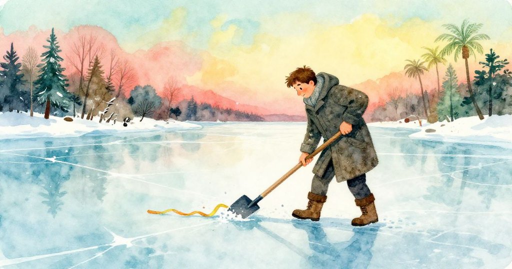 亞特拉斯在冰封湖面上用鐵鏟劃開一條細縫，冰面反射微弱光芒，展現冒險探索的起始與神秘氛圍。
