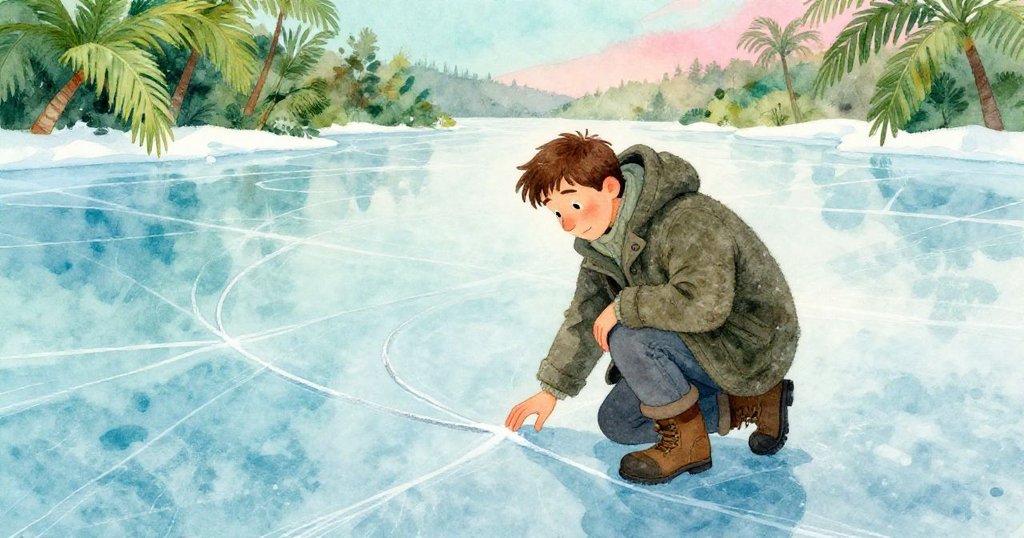 從高處俯視，亞特拉斯蹲在冰面上，用指尖輕輕觸摸神秘銀光，展現探索與驚奇的發展過程。