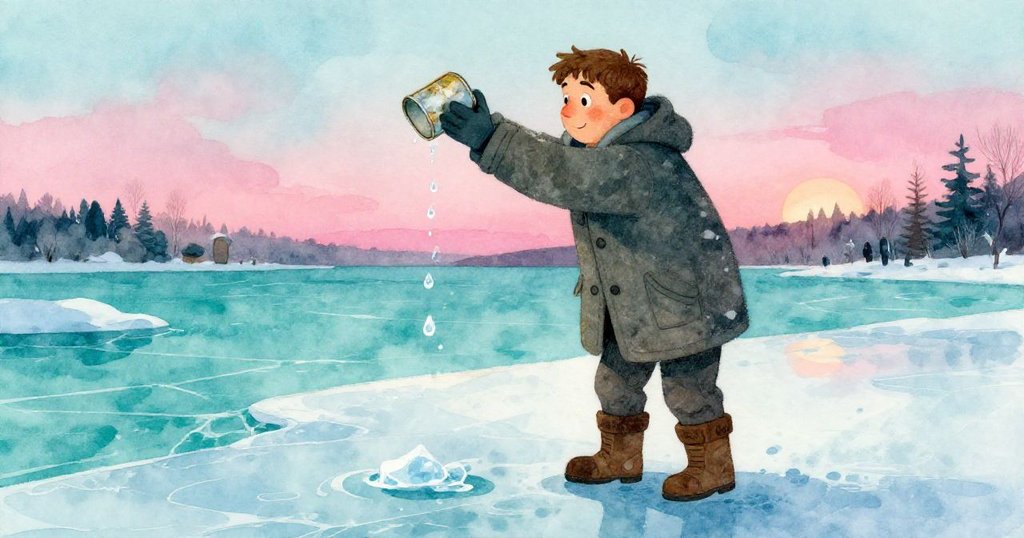 在暮色中，亞特拉斯小心提起一塊斑駁錫片，冰滴凝結成亮點，呈現冒險過程中的高潮轉折。