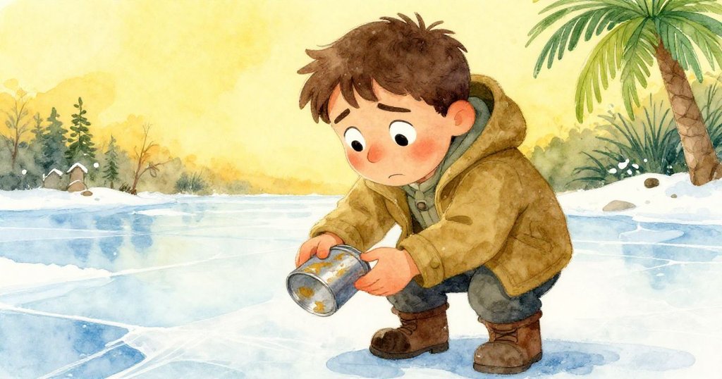 亞特拉斯臉上露出緊張與疑惑，手中錫片微鬆，他靜聽冰下微震，捕捉冒險中的緊繃瞬間。