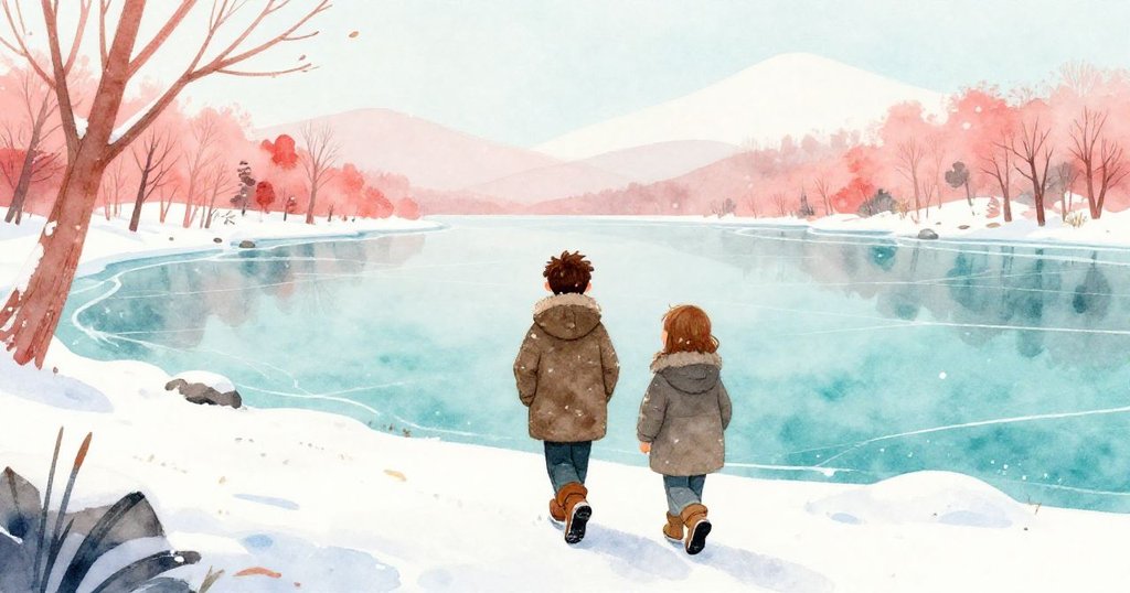 亞特拉斯離開冰面，踏過覆雪小徑向岸邊走去，背景呈現平和自然，畫面結束這段神秘探險。