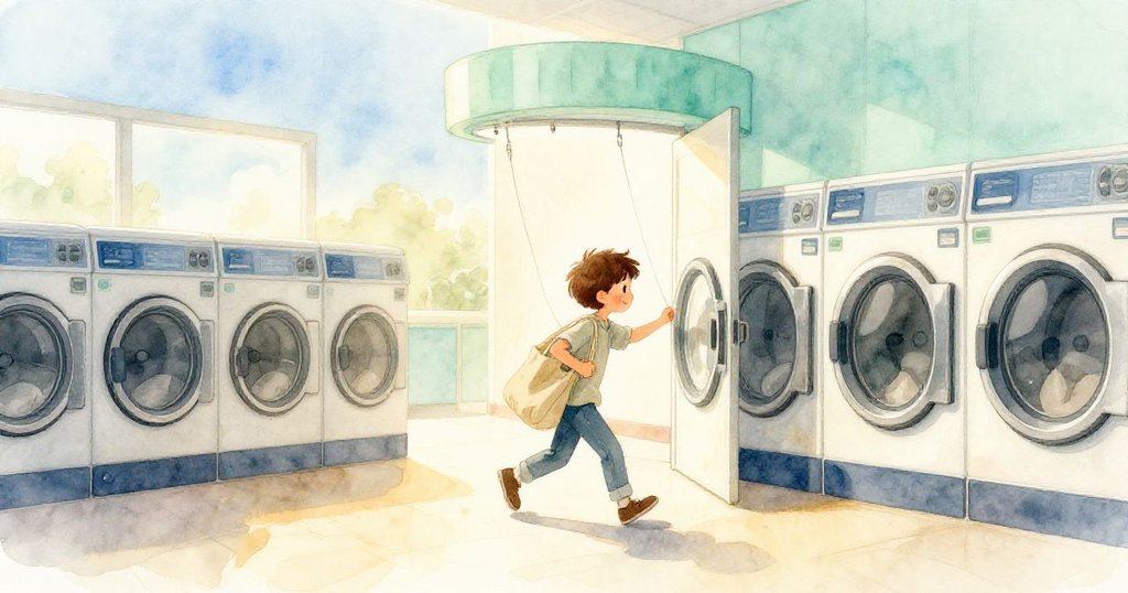 Rowan 穿著休閒服裝，興奮地踏入洗衣店大門，金色晨光映照出他的好奇和期待，場景寬闊明亮。