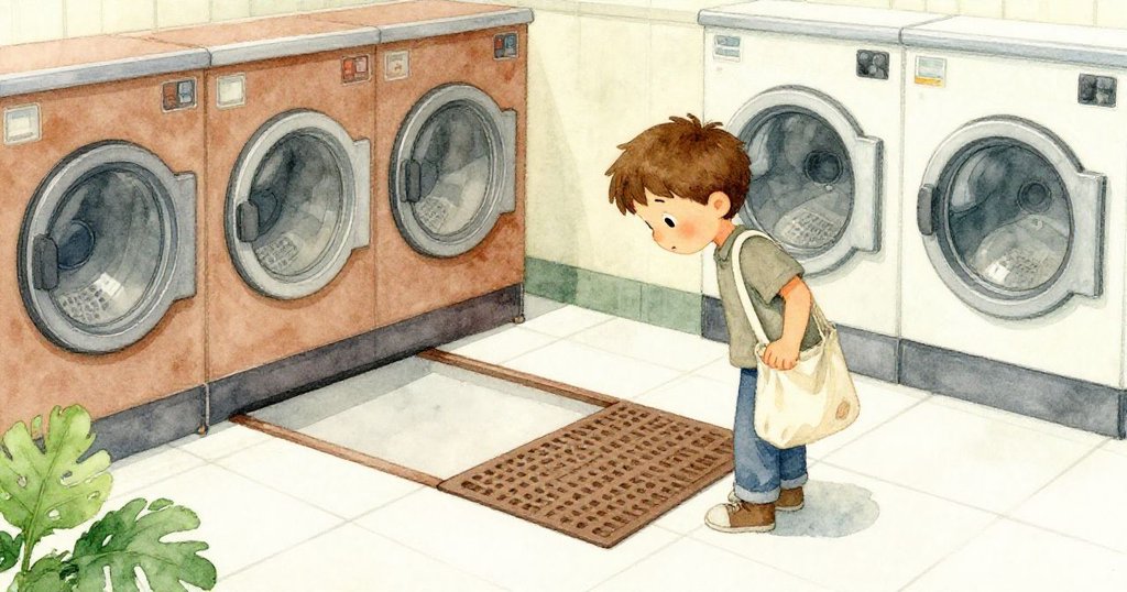 Rowan 發現彎曲的地墊下露出潔淨瓷磚，他蹲下仔細查看，室內光影柔和，表情驚喜而好奇。