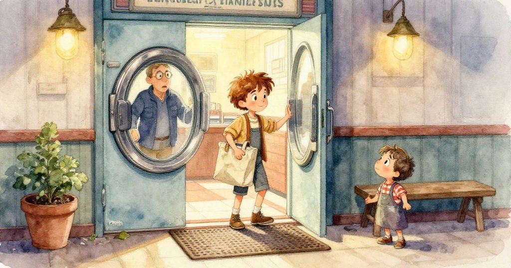 Rowan 專注將溫暖的硬幣投入投幣機，玻璃窗映出淡淡鹽痕，臉上充滿好奇與專注。