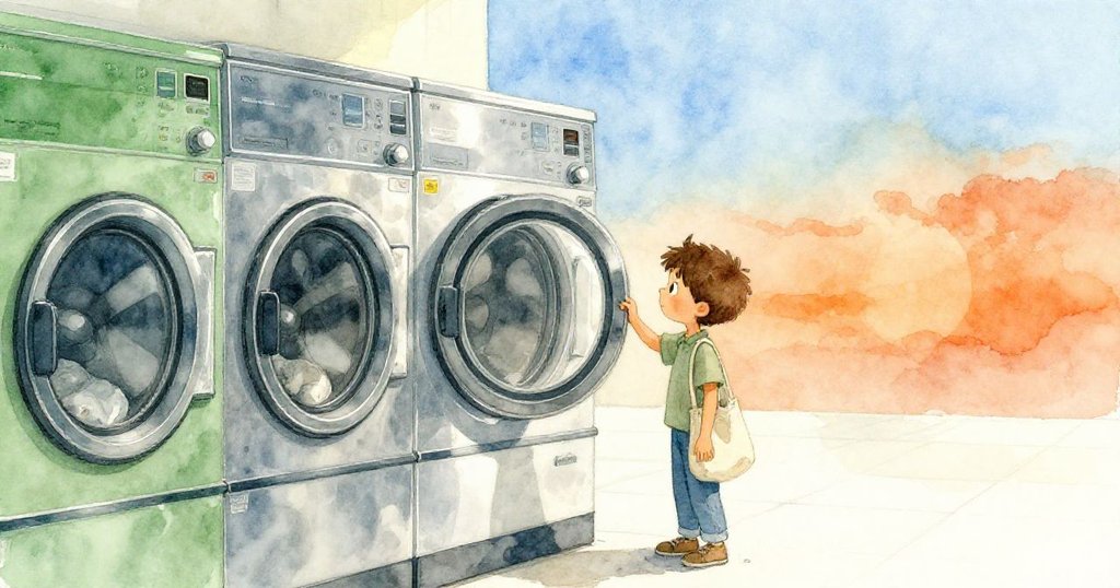 Rowan 俯身檢查異常運作的烘乾機鼓，錯綜角度營造出幻覺空間，眼中流露出好奇與疑惑。