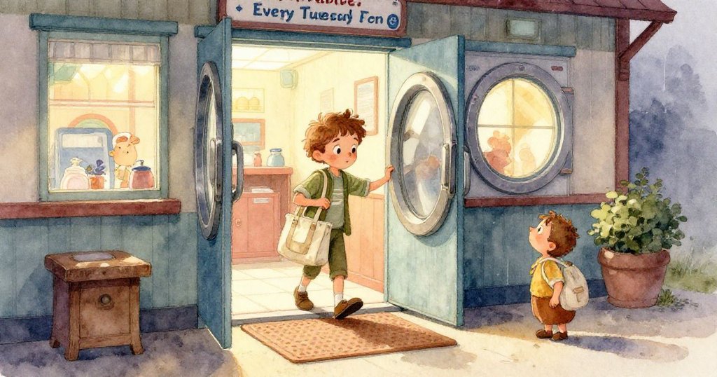 Rowan 小心拾起拭帶有綠毛線、銅鈕扣與海灘卵石的細節，專注研究物品質感，溫暖光線突顯特寫。