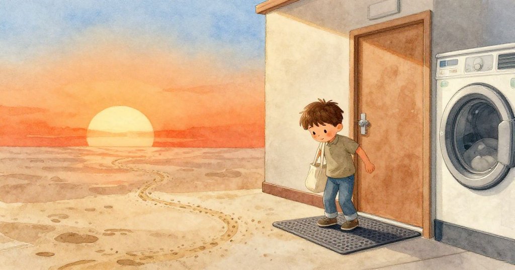 Rowan 修整地墊後離開洗衣店，門緩緩關閉，沙痕映現夕陽橘光，意境留白引人思考與感懷。