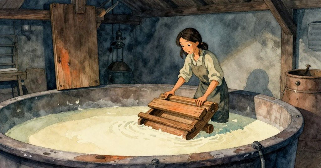 Mae 站在舊式工廠中，注視漂浮於蒼白漿液上的木製模具，背景中微光與陰影交錯，表情充滿好奇與專注。