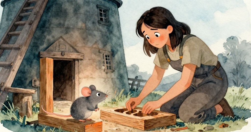 一隻灰色小鼠從低角度好奇觀察，看到Mae彎腰處理木模具，場景中充滿溫暖曖昧的工廠質感。