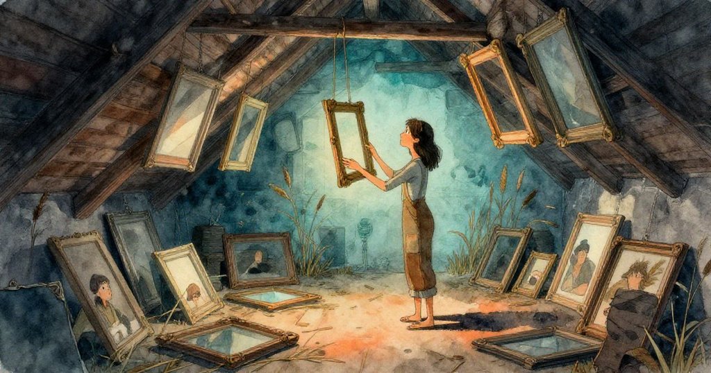 Mae 走入隱秘閣樓，環視懸掛乾燥模具與稀疏蘆葦，眼神中流露出驚奇與沉思，探索過去的痕跡。